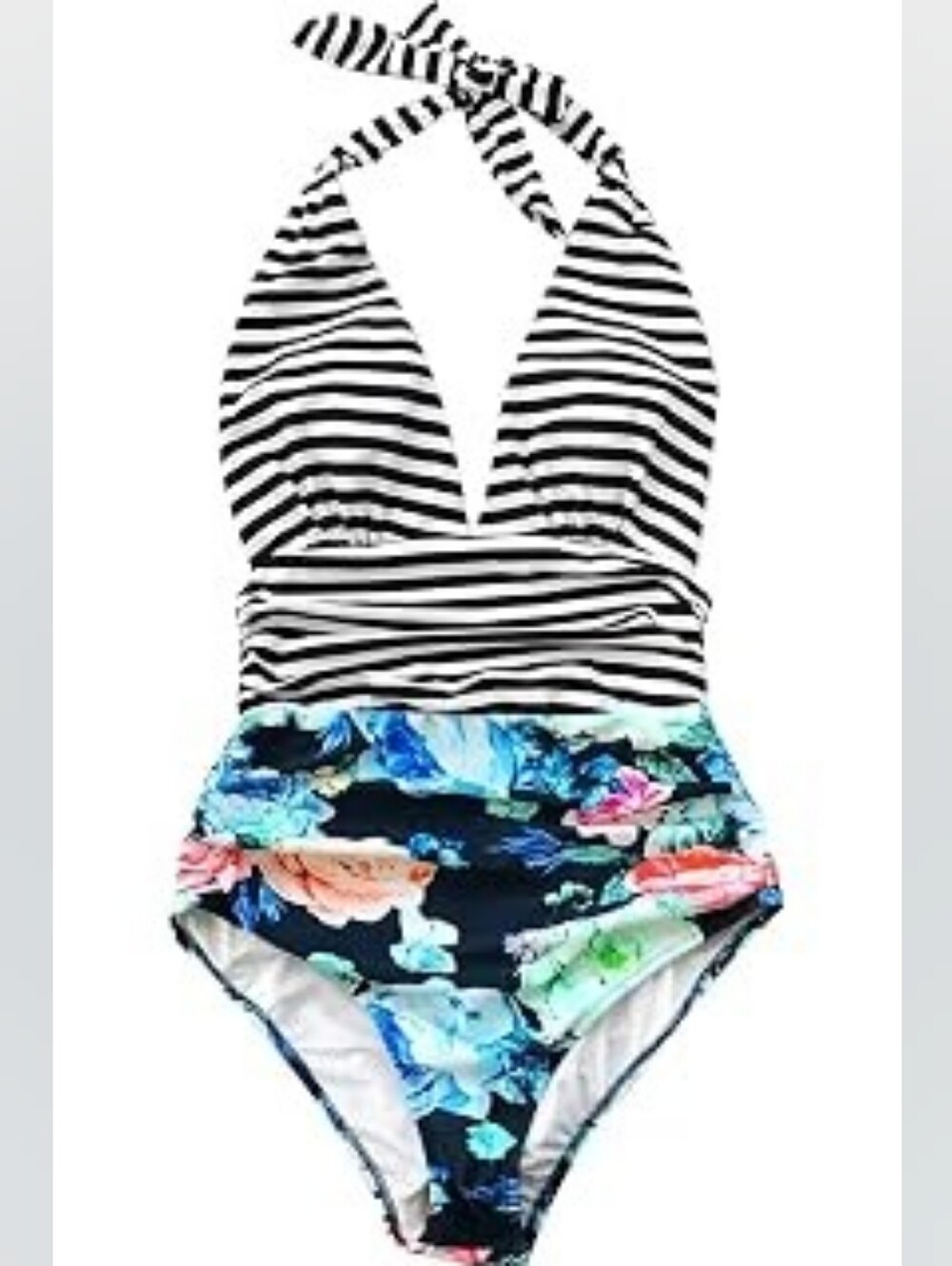 CupShe Halter Top One Peice Swimsuit Floral Stripe Black Size Medium
